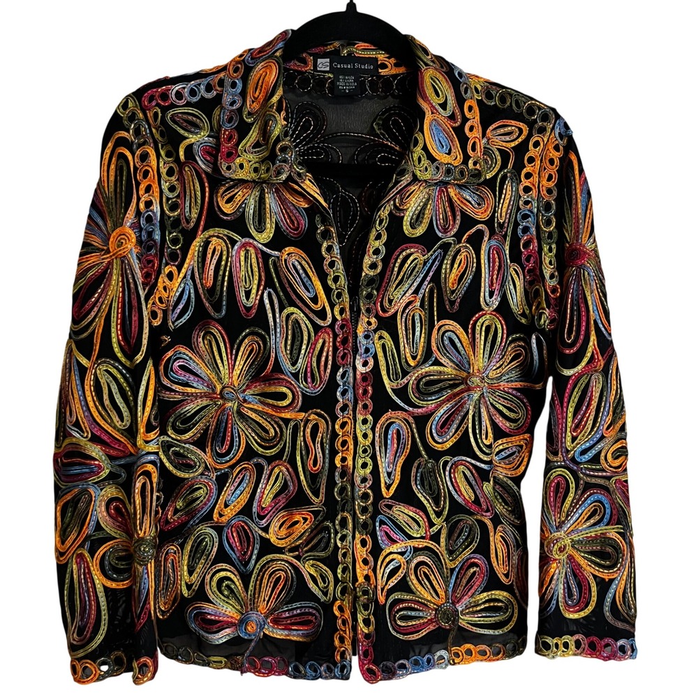 Casual Studio Womens Small Floral Soutache Mesh Zip Jacket Multi Psychedelic
